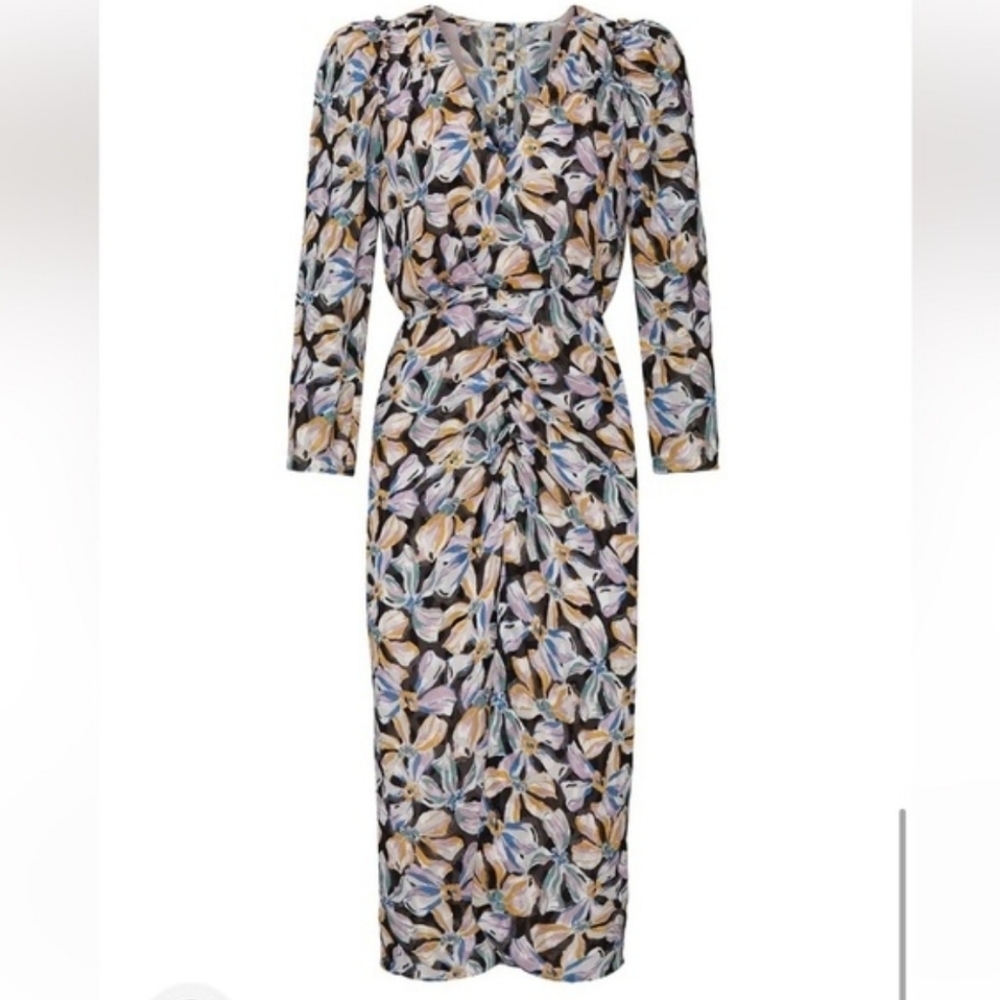 REBECCA TAYLOR NYC BOW FLEUR MIDI RUCHED DRESS SIZE 0 - Picture 3 of 17